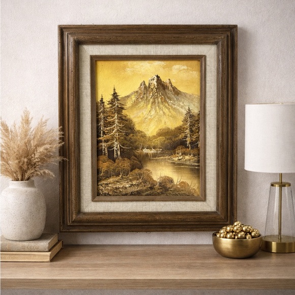 Vintage Original Oil Painting Signed Ward Mountain Lake Landscape MCM Framed